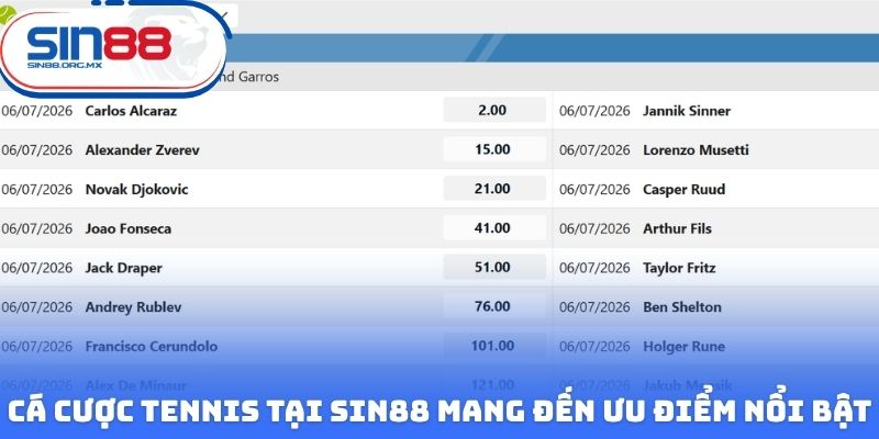 Cá cược tennis tại Sin88 mang đến những ưu điểm nổi bật